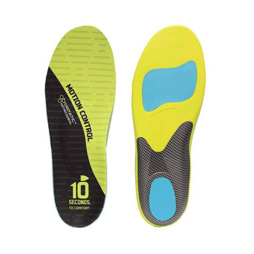 Yellow and black shoe insole with blue heel and arch cushioning pads