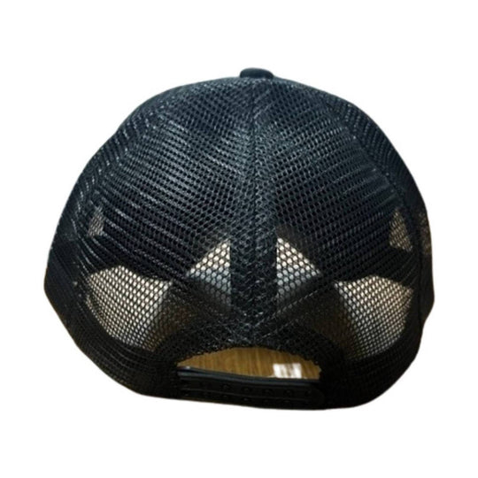 Black mesh trucker hat shown from the back