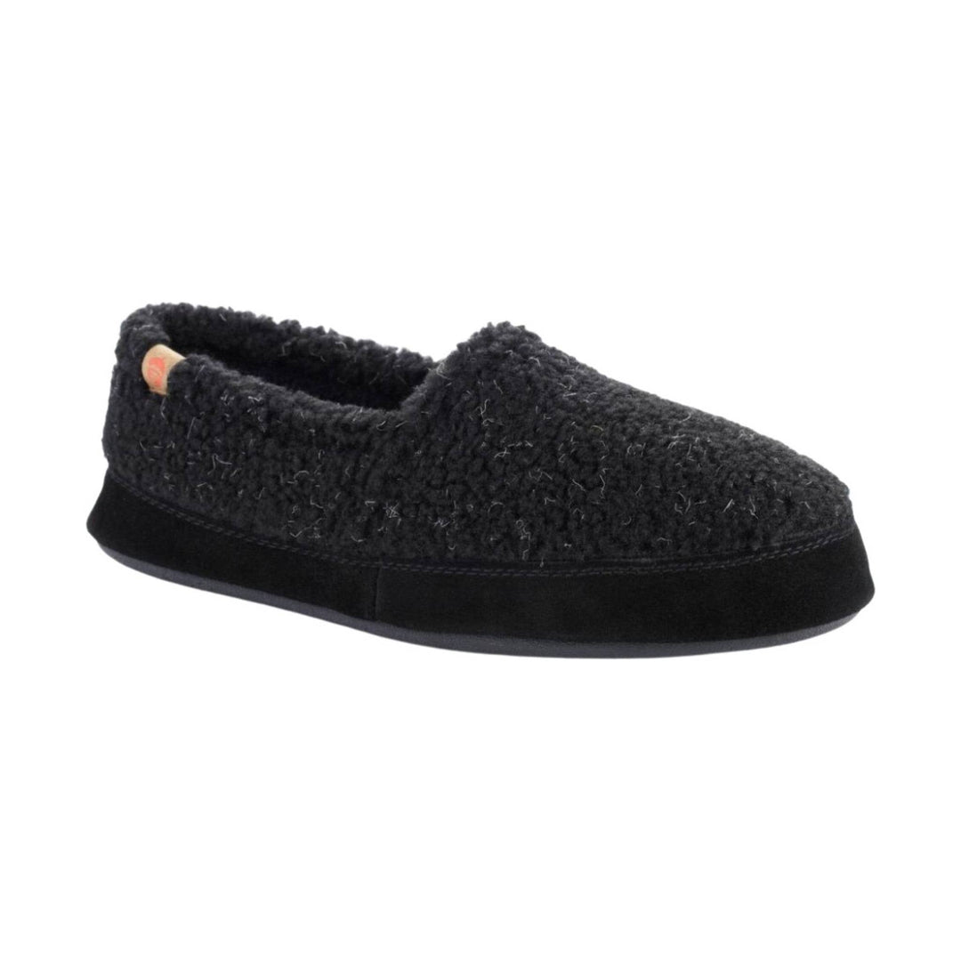 Black knit moc slipper with a rubber sole and low back heel