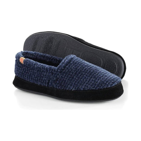 Blue knit slipper with black sole, shown with the treaded outsole visible
