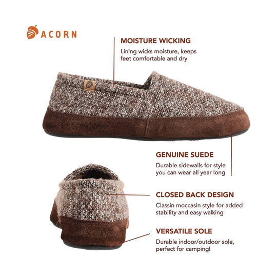 Brown knit moc slipper with suede trim, shown in side and back views with callouts for moisture wicking, genuine suede, closed back design, and versatile sole.