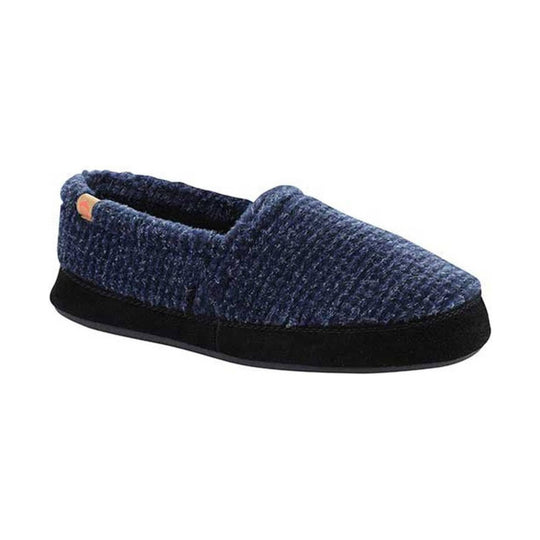 Blue knit moccasin slipper with a black rubber sole