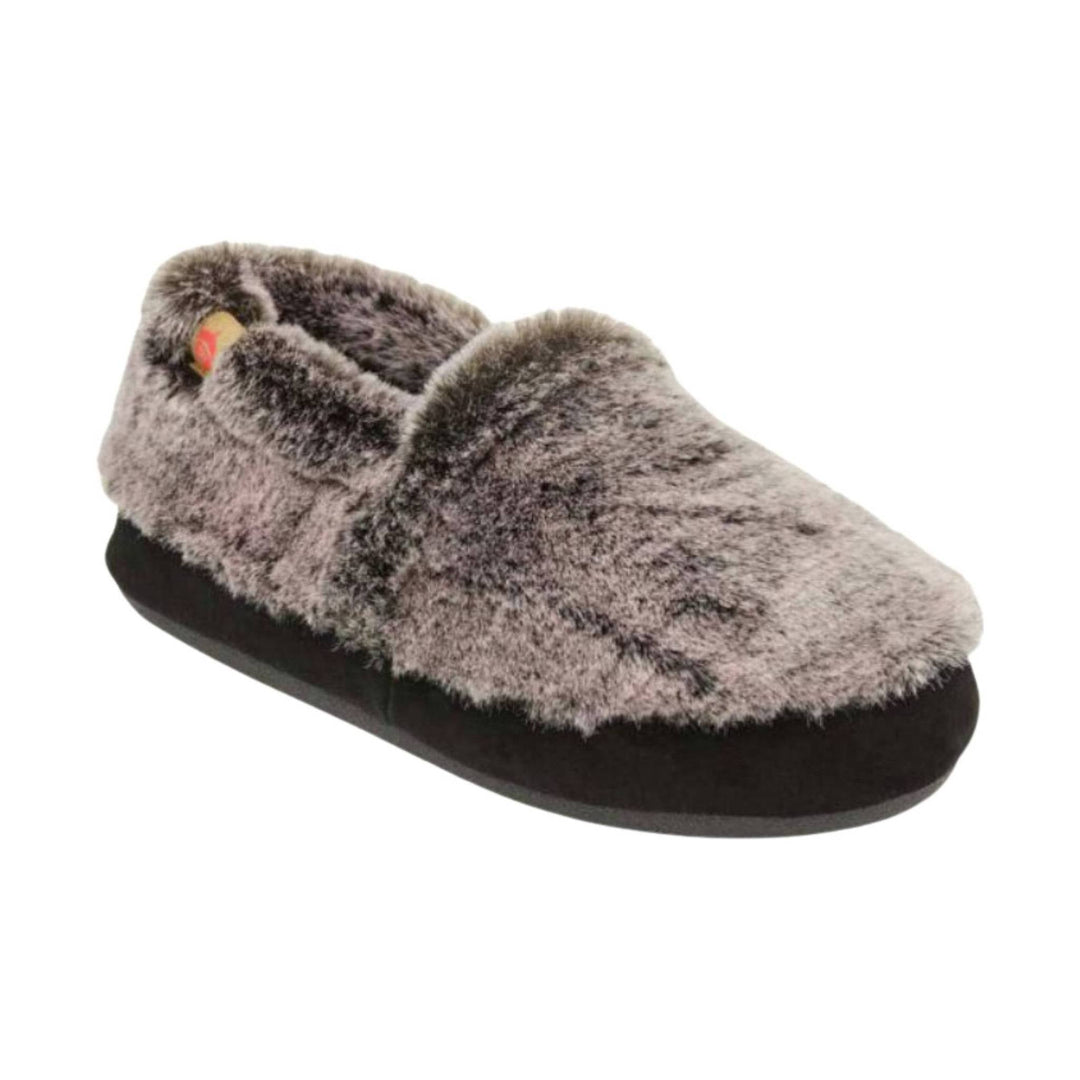 Gray fuzzy moccasin slipper with black sole and side logo patch
