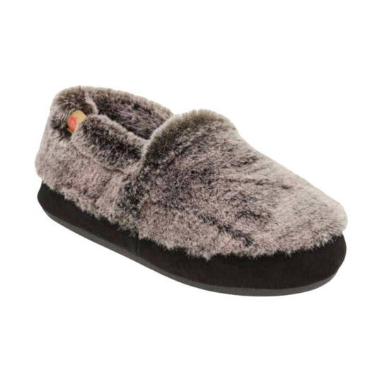 Gray fuzzy moccasin slipper with black sole and side logo patch