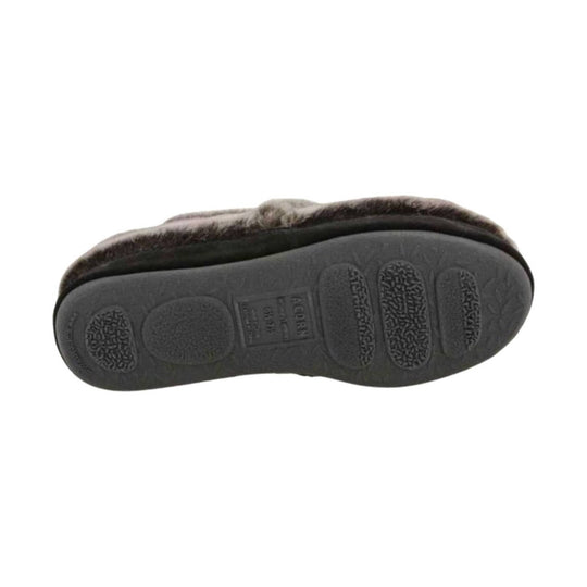 Brown faux-fur slipper shown from the sole with textured rubber tread