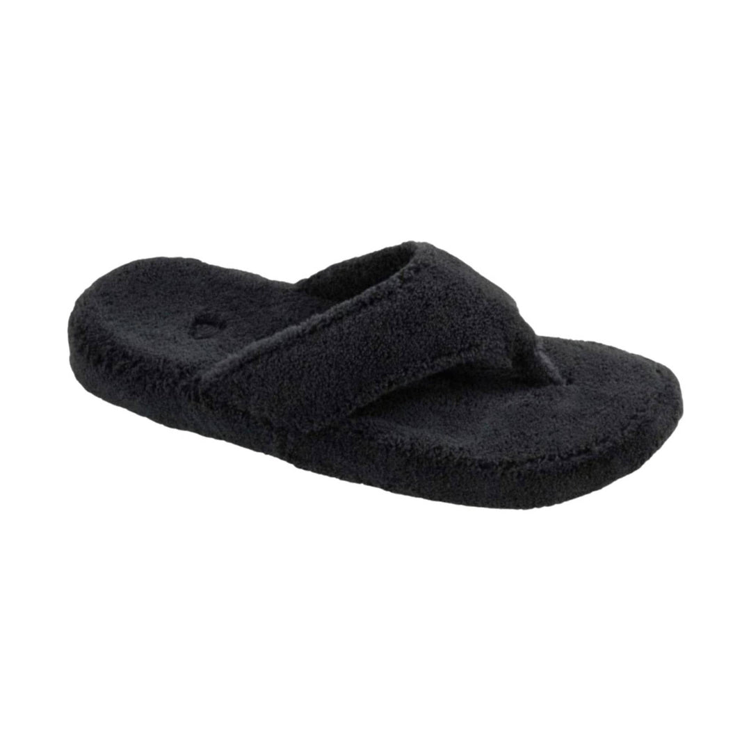 Black fuzzy thong sandal with a thick cushioned sole