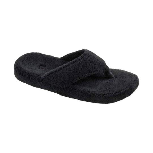 Black fuzzy thong sandal with a thick cushioned sole
