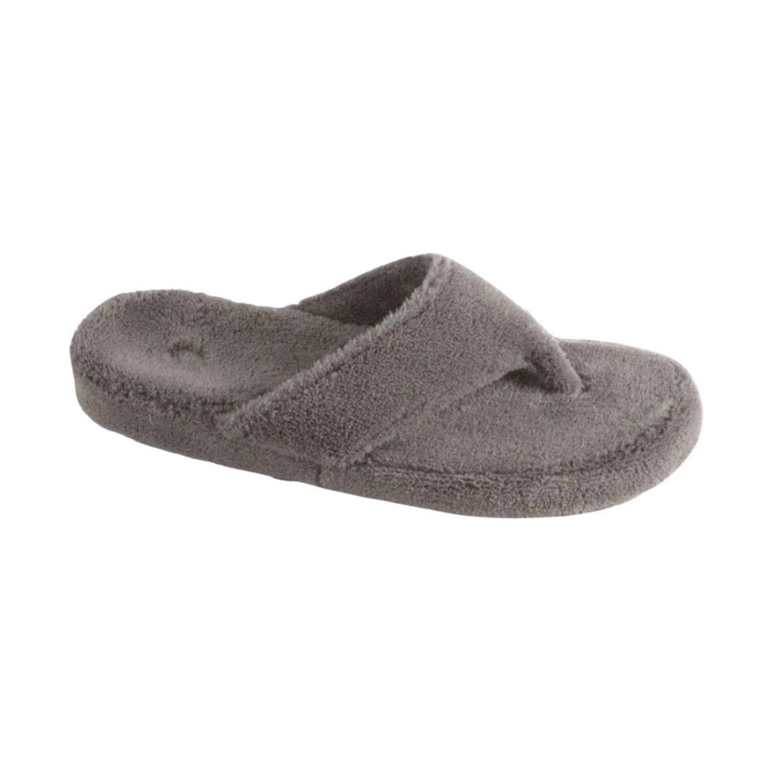 Gray fuzzy thong sandal slipper with stitched sole and footbed