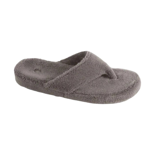 Gray fuzzy thong sandal slipper with stitched sole and footbed