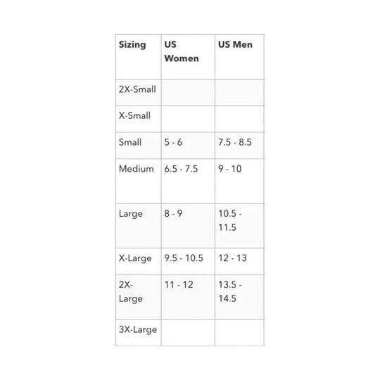 Sizing chart for US women and US men shoe sizes
