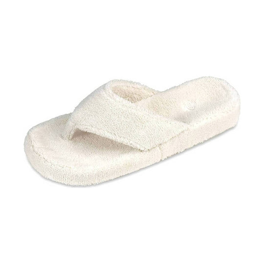 Cream fuzzy thong slipper with a thick cushioned sole and wide strap