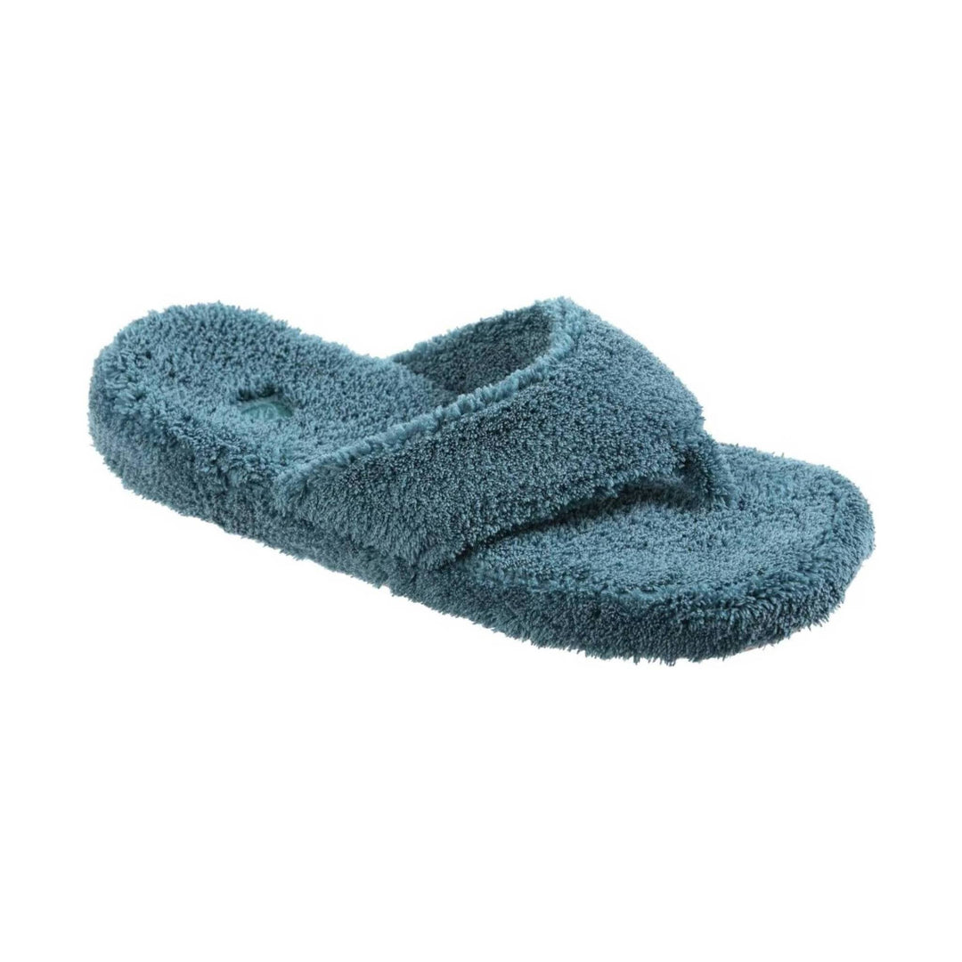 Blue fuzzy thong slide sandal with textured terry-like upper and open toe