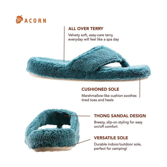 Blue terry thong sandal shown in side and front views with callouts for all-over terry, cushioned sole, and versatile sole