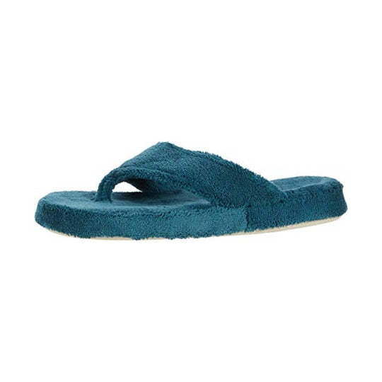 Blue fuzzy thong sandal with a textured footbed and tan sole