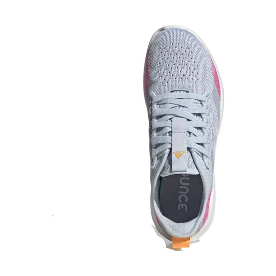 Light gray low-top athletic shoe with pink accents, lace-up front, and orange heel pull tab