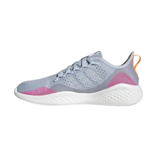 Gray knit running shoe with white cushioned sole, pink accents, and orange heel pull tab