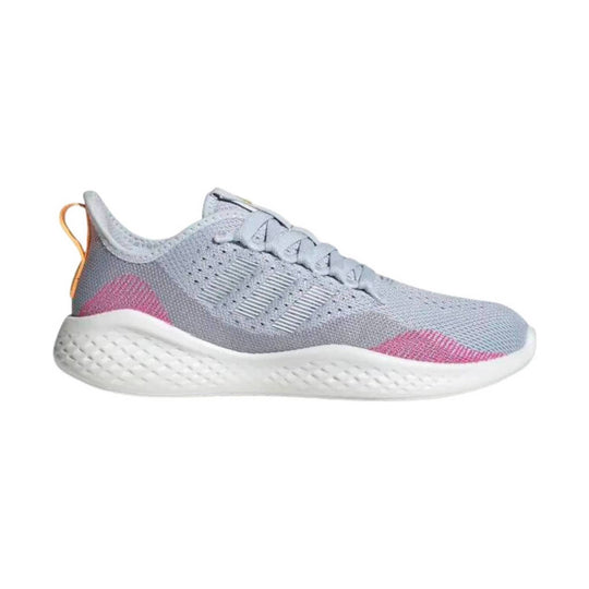 Light gray knit running shoe with white textured sole and pink accents