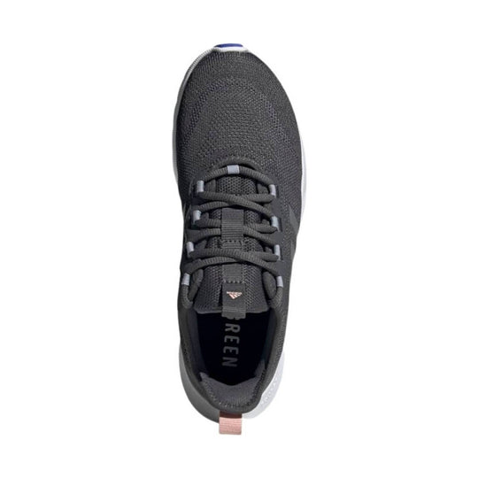 Dark gray knit athletic sneaker with black laces, white side sole, and pull tab