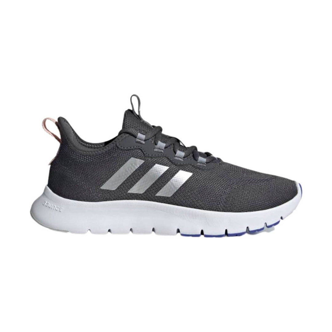 Black knit athletic sneaker with white midsole and three light gray side stripes, shown in profile
