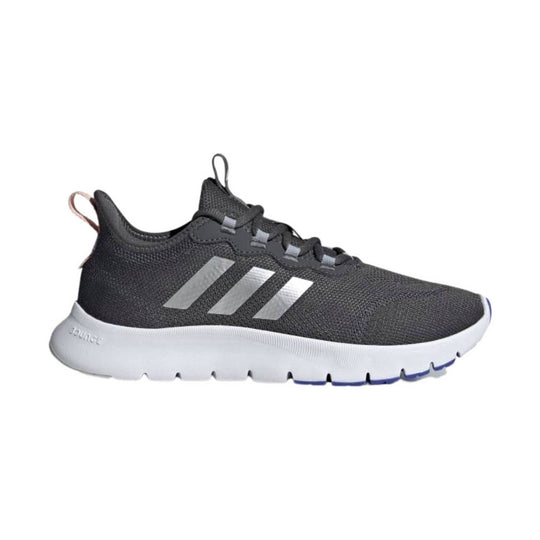 Black knit athletic sneaker with white midsole and three light gray side stripes, shown in profile