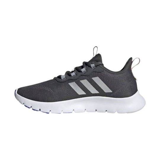 Black athletic sneaker with white midsole and three light side stripes