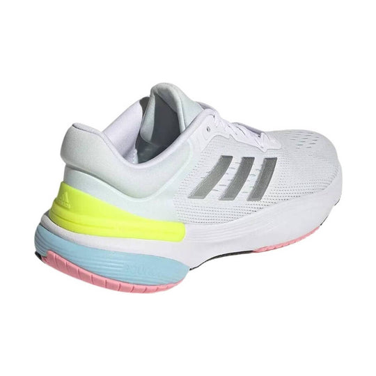 White athletic running shoe with three side stripes, pastel blue heel, and pink outsole, shown from the rear side