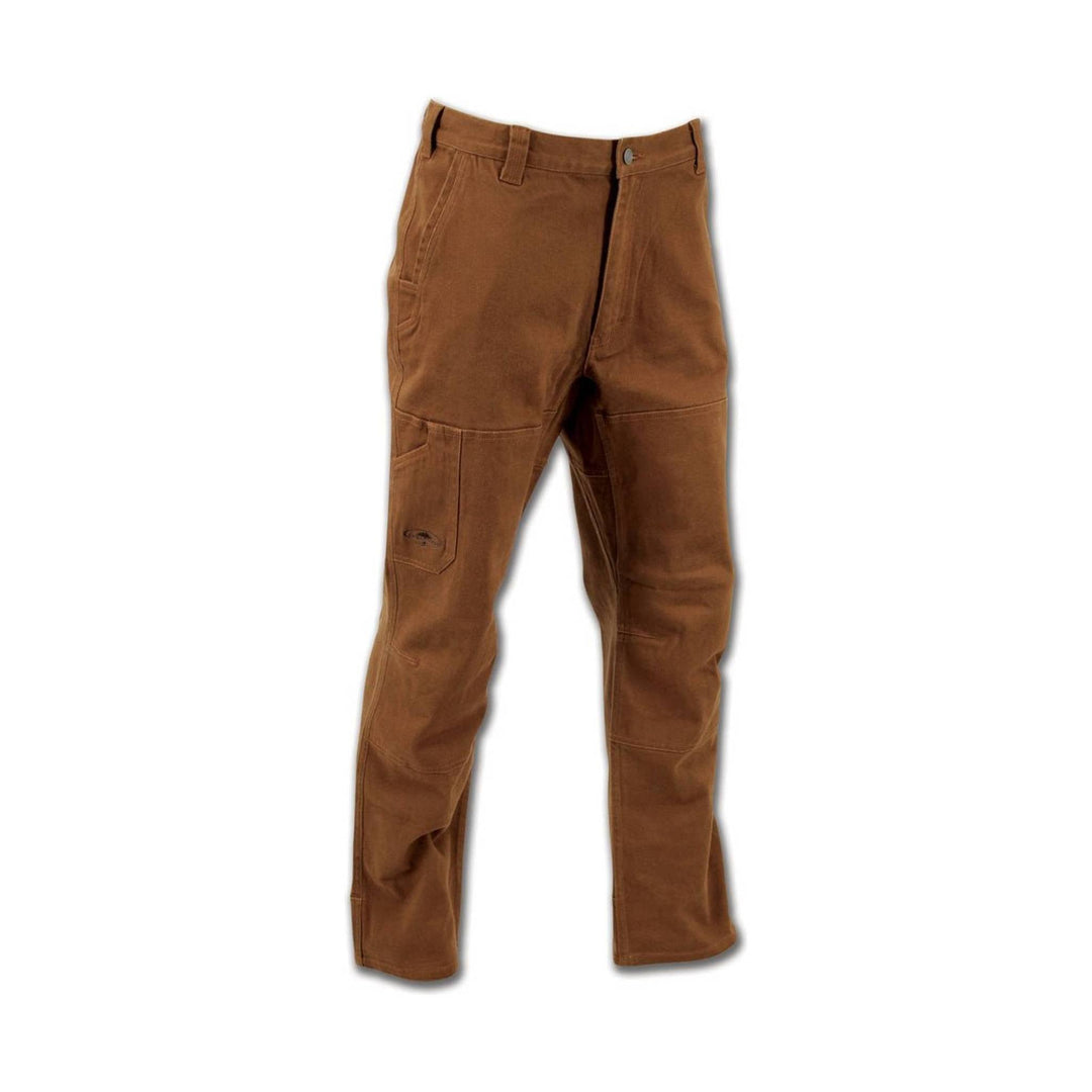 Brown work pants with reinforced knee panels and a side cargo pocket