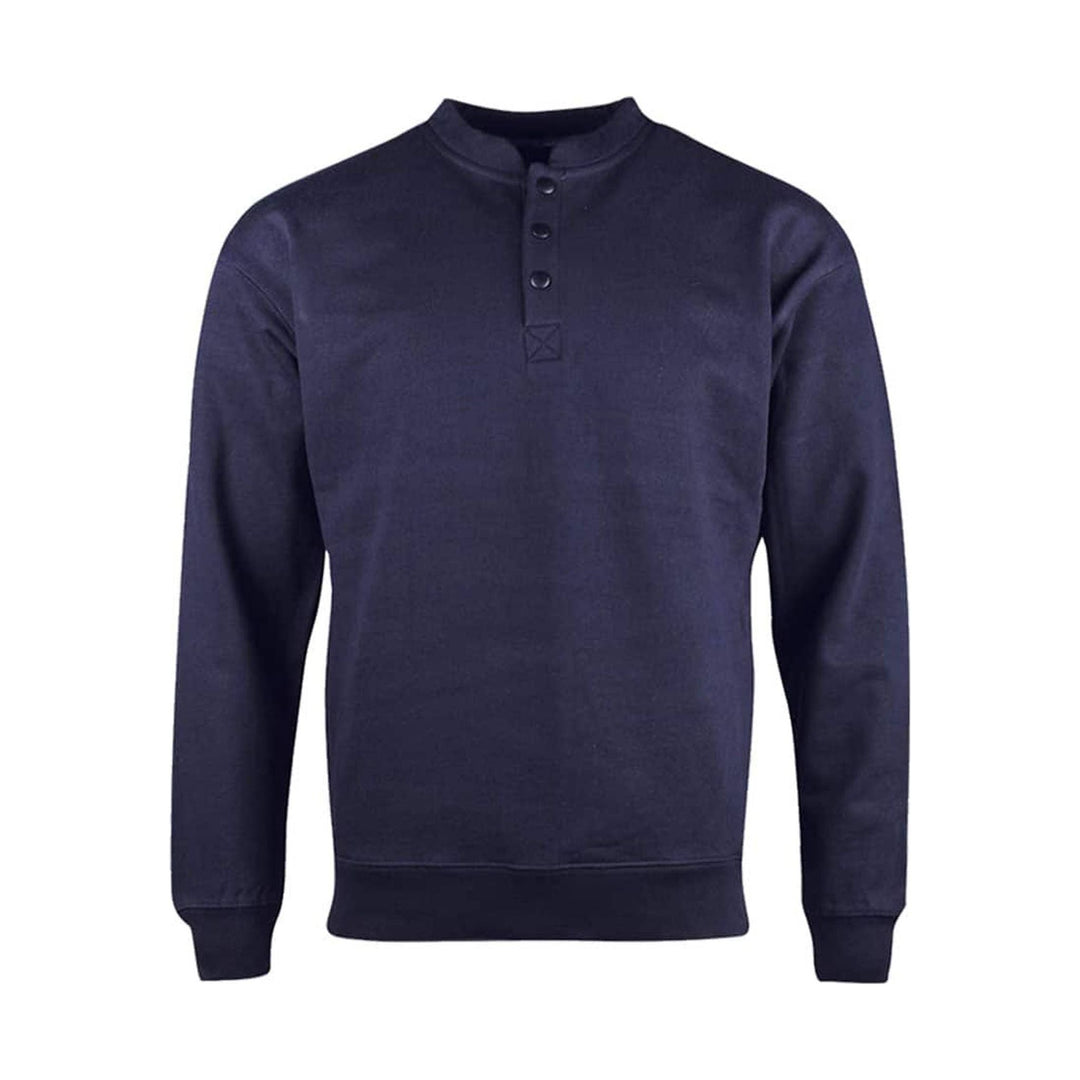 Navy long-sleeve sweatshirt with a short button placket and ribbed cuffs and hem