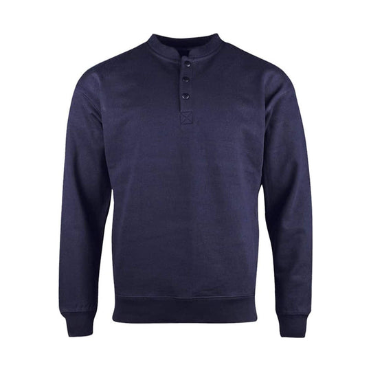 Navy long-sleeve sweatshirt with a short button placket and ribbed cuffs and hem