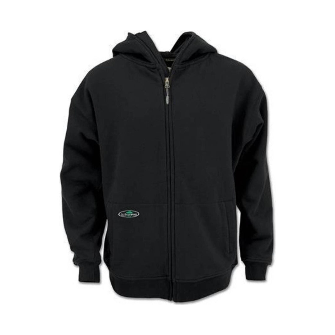 Black full-zip hoodie with hood and front pockets