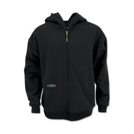 Black full-zip hoodie with hood and front pockets