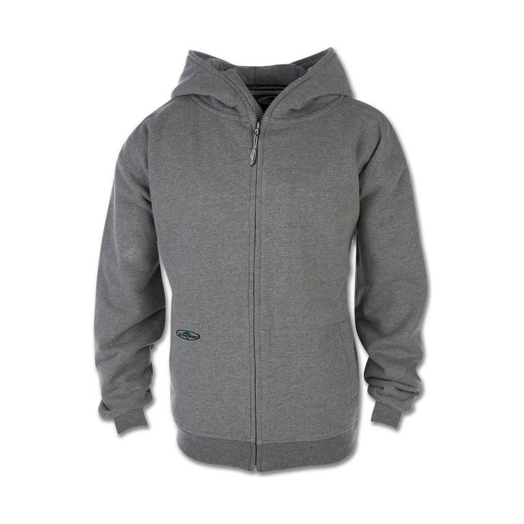 Gray full-zip hoodie with a front zipper, drawstring hood, and ribbed cuffs and hem