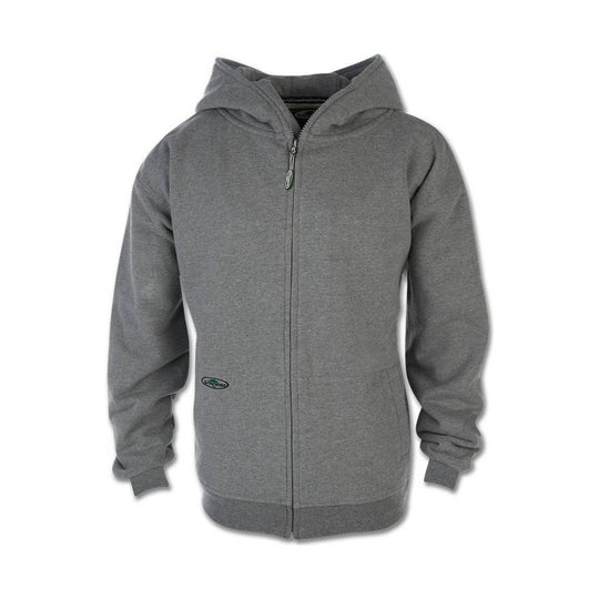 Gray full-zip hoodie with a front zipper, drawstring hood, and ribbed cuffs and hem
