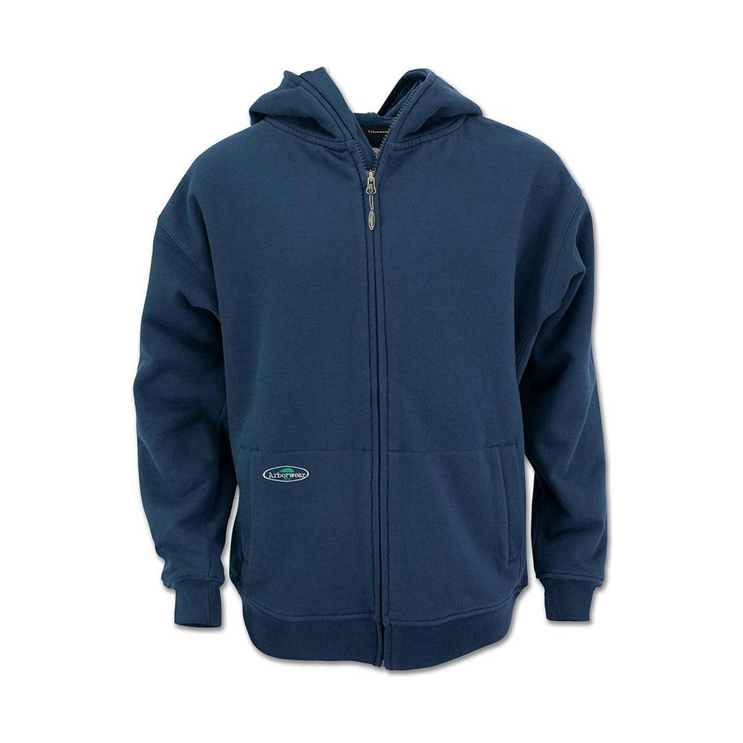 Navy hooded zip sweatshirt with front pockets and ribbed cuffs