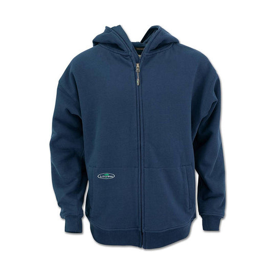 Navy hooded zip sweatshirt with front pockets and ribbed cuffs