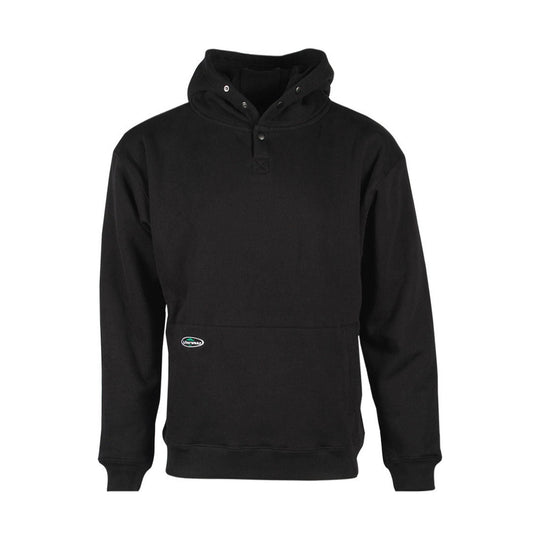 Black pullover hoodie with snap placket, drawstring hood, and front kangaroo pocket