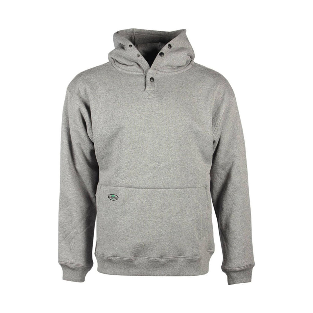 Gray pullover hoodie with snap-button hood, kangaroo pocket, and ribbed cuffs