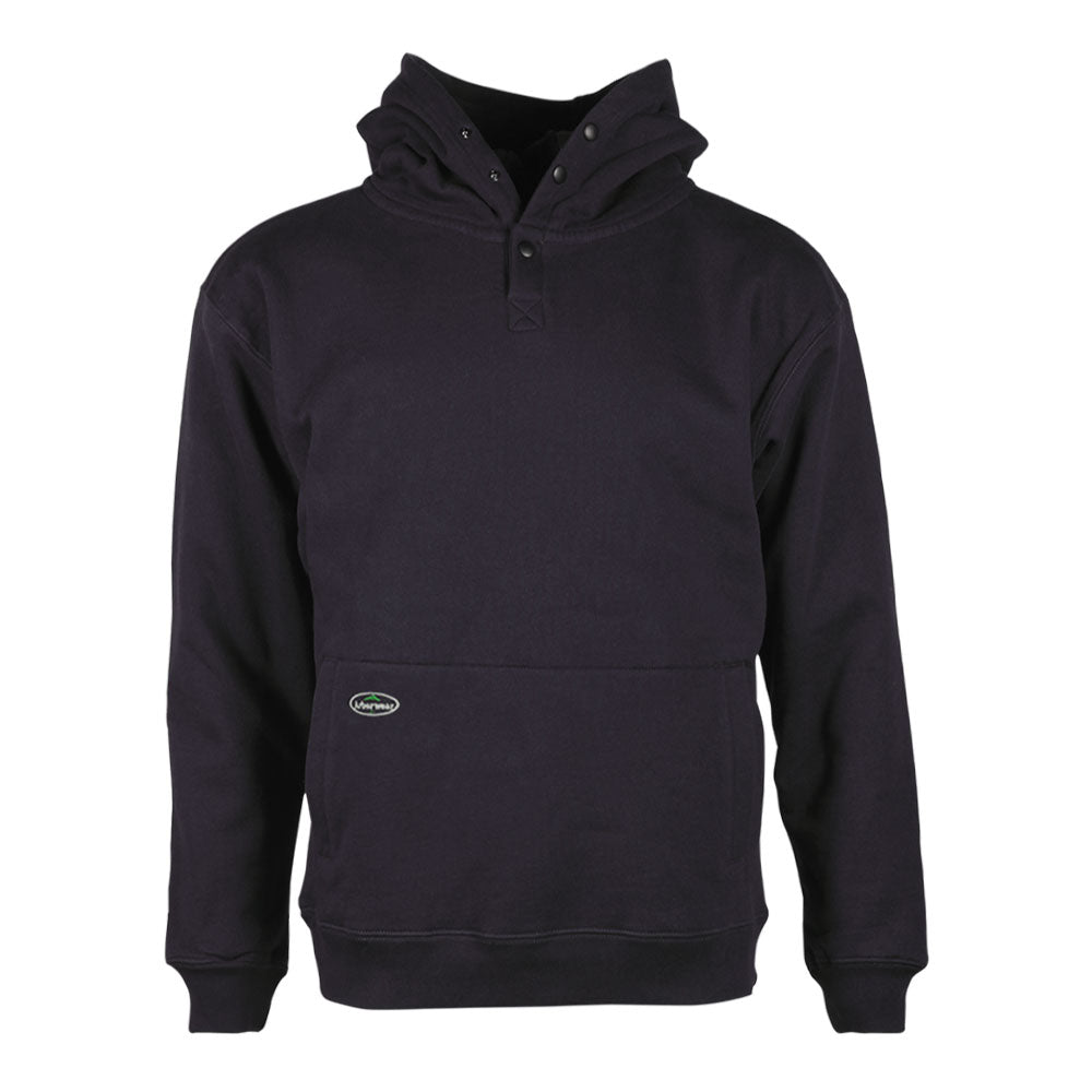 Black pullover hoodie with snap placket and front kangaroo pocket