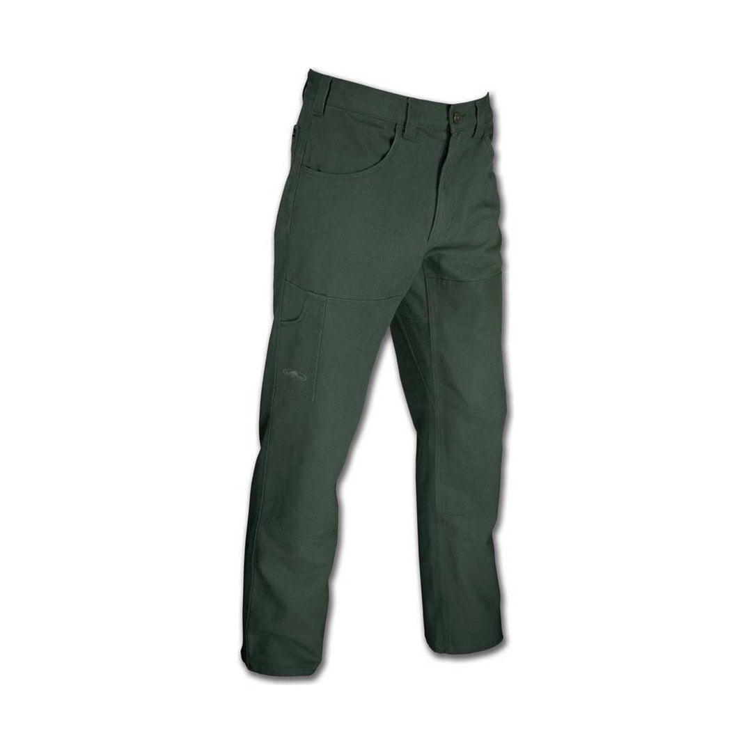 Dark green work pants with reinforced knee panels and cargo pockets