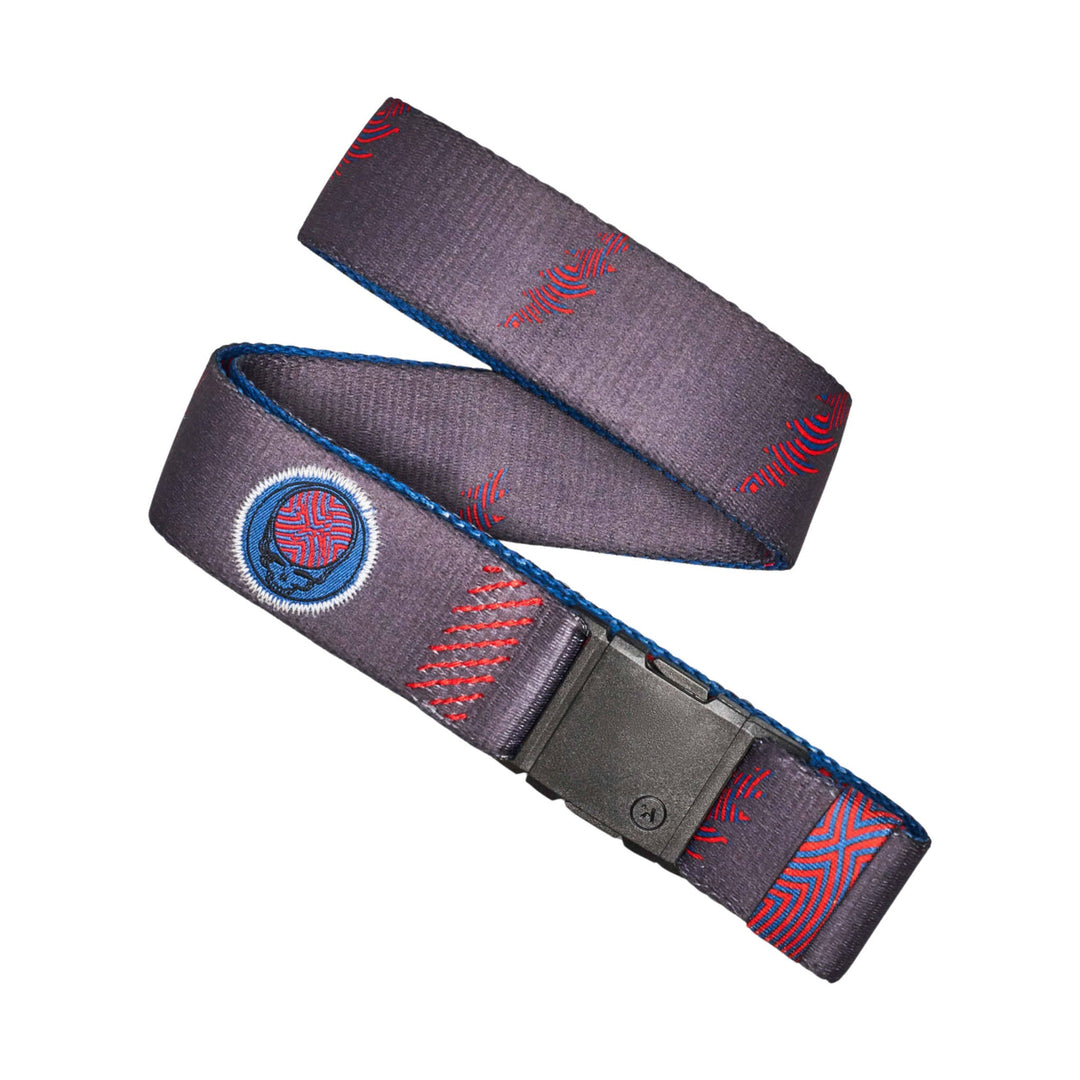 Charcoal fabric belt with red geometric pattern and blue trim, shown looped with a black buckle