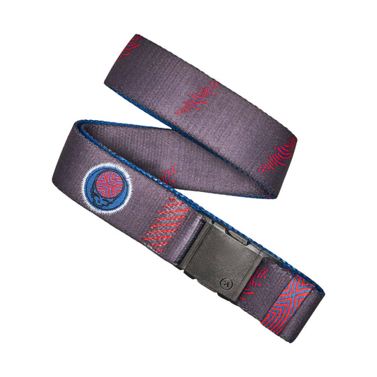 Charcoal fabric belt with red geometric pattern and blue trim, shown looped with a black buckle