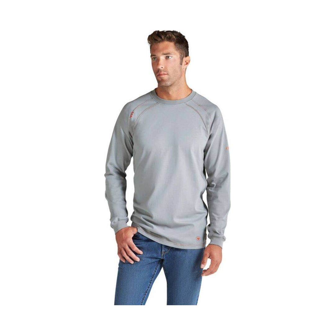 Light gray long-sleeve crewneck shirt on a model