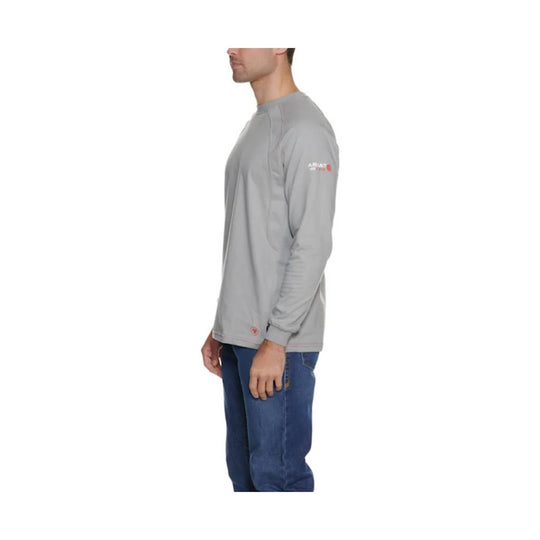 Gray long-sleeve crewneck shirt with a small sleeve logo, shown in side view