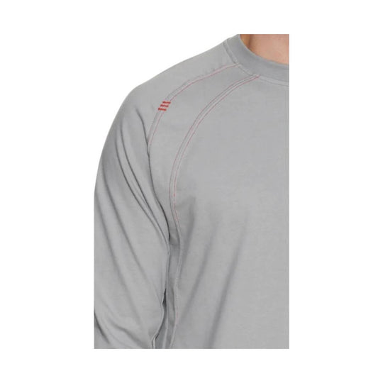 Gray long-sleeve crewneck shirt with red stitching detail on the shoulder