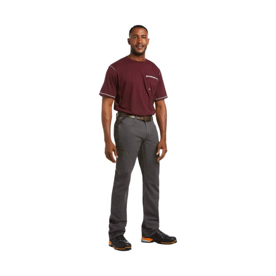 Gray straight-leg work pants with cargo pocket, worn with black safety shoes