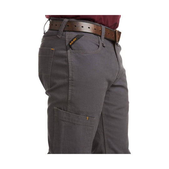 Gray straight-leg work pants with cargo-style pockets and a stitched thigh seam