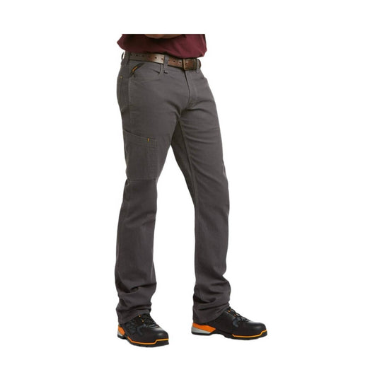 Gray straight-leg pants with cargo pocket and belt, shown with black work shoes