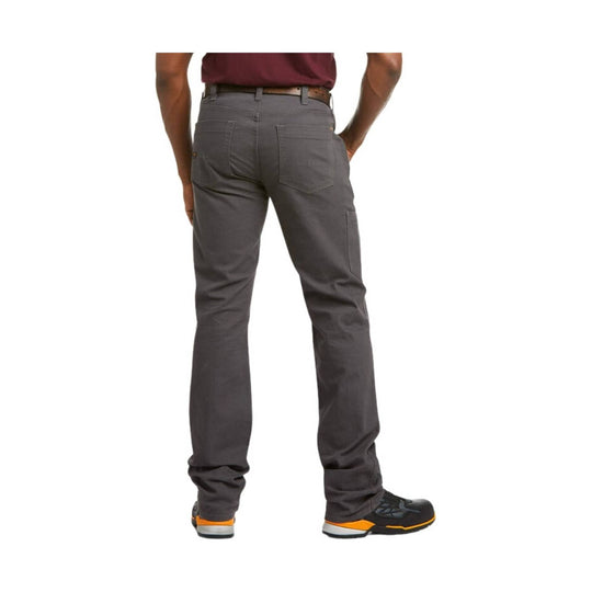 Gray straight-leg pants shown from the back with five-pocket styling and a belt