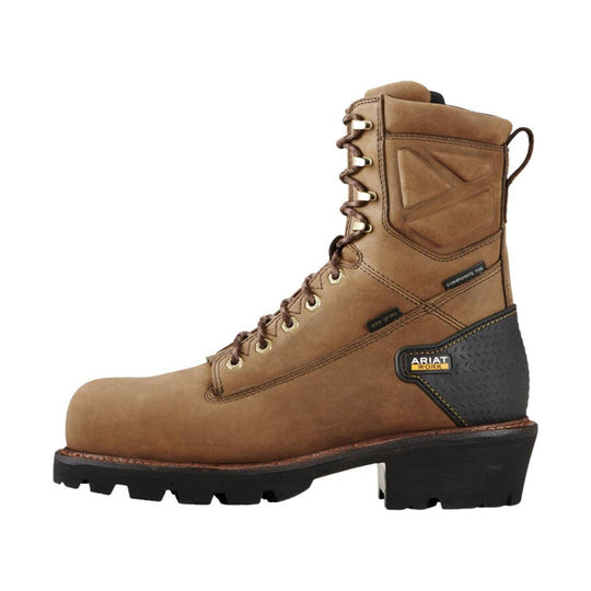 Brown leather lace-up work boot with black treaded sole and padded collar