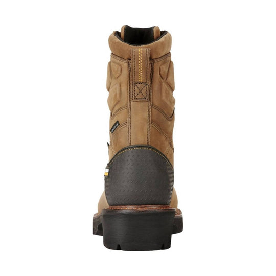 Tan waterproof work boot shown from the back with a dark treaded heel and thick black sole